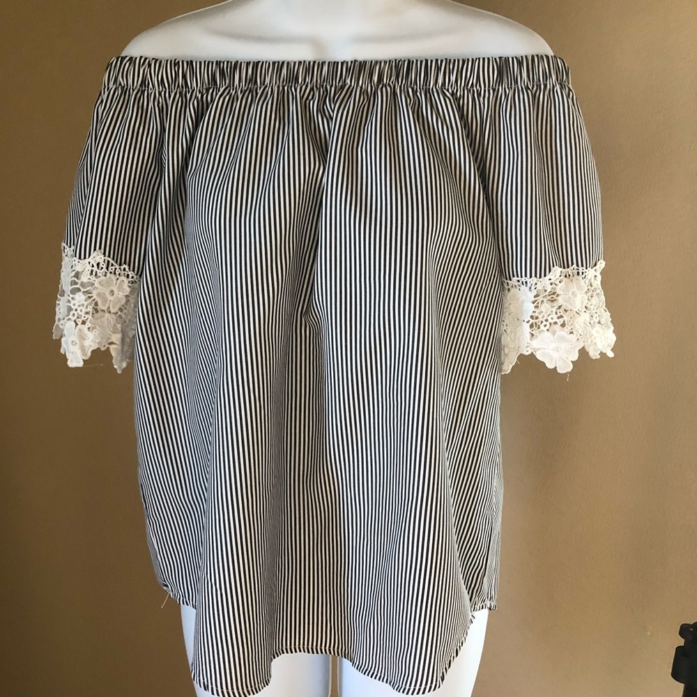 Striped Off the Shoulder Top with Lace Detail